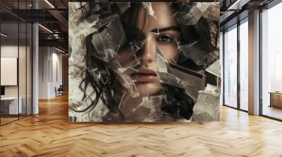 A captivating collage where a woman's face is interwoven with torn pieces of newspaper, creating a fragmented yet cohesive visual. The intense expression and chaotic arrangement evoke a sense of depth Wall mural