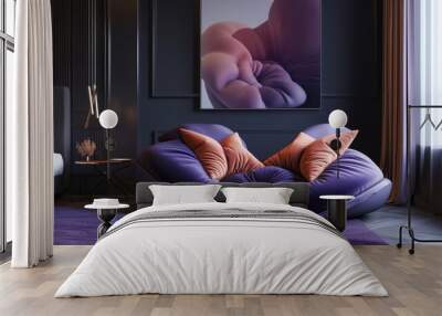 A chic, modern lounge featuring two plush purple chairs with orange pillows, complemented by a large abstract artwork. The space is illuminated with natural light, highlighting the dark, sophisticated Wall mural