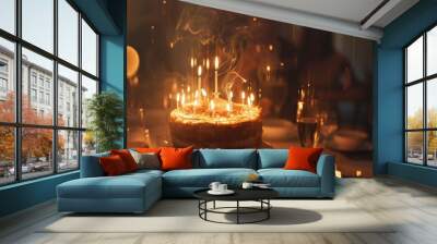 A close-up of a birthday cake with glowing candles, set against a backdrop of festive, sparkling lights. The warm and celebratory mood of the party is enhanced by the candlelight and golden hues. Wall mural