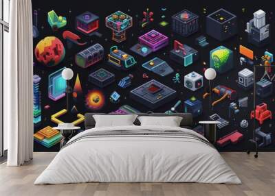 A detailed isometric 3D render showcasing an array of futuristic sci-fi gadgets and tools on a dark background. The vibrant colors and intricate designs evoke a sense of innovation and high-tech Wall mural