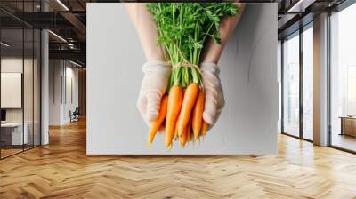 A fresh bunch of bright orange carrots with green tops, held by gloved hands against a light background. The vibrant color of the carrots contrasts with the white gloves, emphasizing their freshness Wall mural