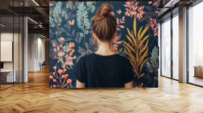 A girl with a neatly styled bun is seen from the back, facing a richly colored floral wallpaper. The vibrant patterns of the wallpaper contrast beautifully with her simple black t-shirt, creating a Wall mural