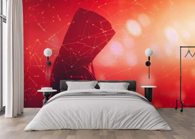 A hooded figure is enveloped in a red glow, surrounded by a network of abstract digital lines, symbolizing the intersection of technology and anonymity in a virtual landscape. Wall mural