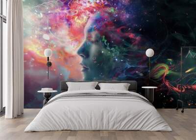 A mesmerizing digital art piece of a woman with vibrant cosmic hair, set against a dreamlike, ethereal background. The vivid colors and surreal design make it perfect for fantasy and creative projects Wall mural