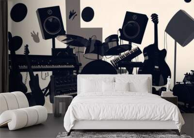 A monochromatic silhouette of various musical instruments and equipment creating an abstract composition Wall mural