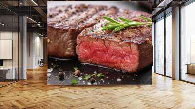 A mouthwatering medium-rare steak, garnished with fresh herbs and seasoning. This close-up shot captures the juicy texture and appetizing appearance, perfect for themes of gourmet cuisine and fine Wall mural