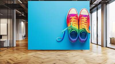 A pair of rainbow-colored sneakers with mismatched laces displayed on a bright blue background. The playful and lively design makes these shoes a great choice for promoting youthful and trendy fashion Wall mural