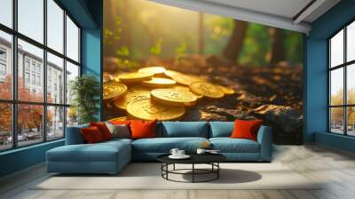 A pile of golden coins resting on a rocky surface in a forest, illuminated by the warm glow of the setting sun. The image captures the richness and allure of hidden treasures amidst the natural beauty Wall mural