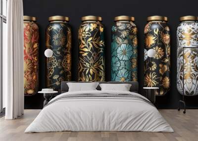 A row of ceramic jars with gold floral patterns arranged against a black background. Each jar displays unique and intricate designs, highlighting the elegance and artistry of the collection. Wall mural