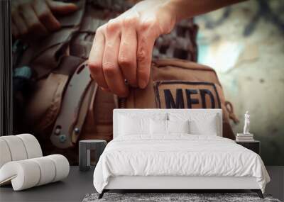 A soldier, a tactical medic opens a first aid kit, close-up view. Wall mural