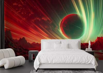 A striking sci-fi landscape showcasing a swirling green vortex and a glowing red planet, set against a dramatic red sky. The jagged mountains and reflective surface enhance the scene's futuristic and Wall mural