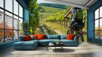 A woman cyclist stops to enjoy the view of expansive vineyards under a clear blue sky, illustrating a perfect day for cycling in the countryside. Wall mural