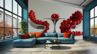 Abstract red bubble chairs paired with a sleek, modern table, all adorned with red tomatoes. The chairs' spherical design adds an artistic and playful element to the contemporary, minimalist indoor Wall mural