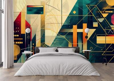 An abstract digital artwork featuring bold geometric shapes and vibrant colors. The design combines various elements such as lines, circles, and rectangles to create a visually striking and modern Wall mural