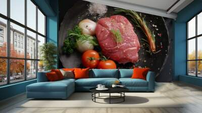 An appetizing display of raw beef surrounded by fresh vegetables and aromatic spices on a black plate. The scene includes tomatoes, onions, garlic, rosemary, and various peppercorns, creating a Wall mural