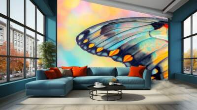 An artistic macro shot of a butterfly wing set against a vibrant, colorful background. This image showcases the beauty and intricacy of butterfly wings in a creative and eye-catching manner. Wall mural