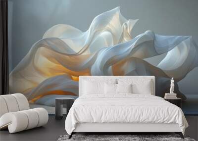 An elegant digital render of a soft fabric drapery with a warm light source, suggesting serenity and fluidity, ideal for luxurious branding. Wall mural