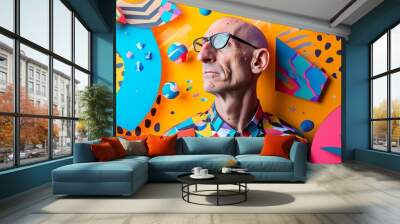 An older bald man wearing glasses and a colorful abstract patterned shirt stands against a bright and dynamic geometric background. The vibrant design elements and his unique style create a lively and Wall mural