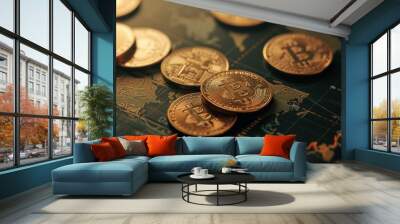 Bitcoin coins spread across a global financial map, depicting the widespread adoption and influence of cryptocurrency in the global economy. The warm tones and intricate map details enhance the theme Wall mural