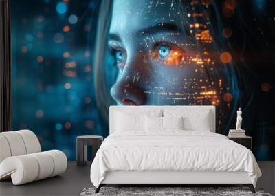 Close-up of a woman's face with digital code overlaying her features, merging human with virtual, in a dreamscape narrative. Wall mural