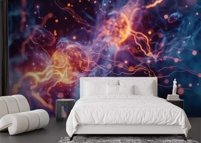 Dynamic abstract digital artwork featuring glowing particles and flowing waves in vibrant colors. This piece captures the essence of energy and movement, making it ideal for modern digital art Wall mural