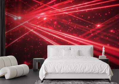 Intense red laser beams crisscross dynamically in a dark space, creating a vibrant display of light and energy Wall mural