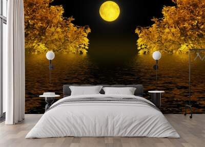 Autumn night wood with the bright moon reflected in water Wall mural