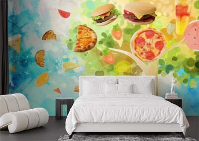 photo Tree with leaves in the form of pizza, burgers and sweet drinks on an abstract background --ar 16:9 --quality 0.5 --stylize 0 Job ID: d6ac21be-0d4a-437b-abfe-88f5c34a1bb8 Wall mural