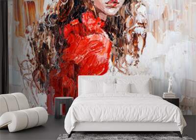 Portrait of a young beautiful girl in a red dress. Oil painting on canvas. Wall mural