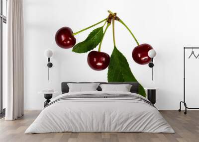 Red Cherry With Leaf Isolated On White Wall mural