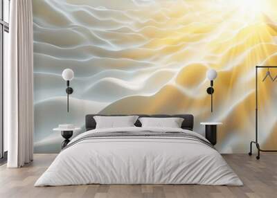 This serene abstract image features gentle waves of light in soft white and gold tones. The smooth, flowing lines create a calming atmosphere, ideal for soothing backgrounds or minimalist designs. Wall mural