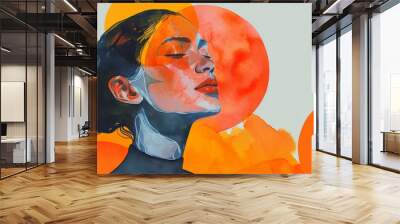 Vibrant digital portrait of a woman with her eyes closed, featuring bold orange accents against a soft background, conveying warmth and introspection. Perfect for creative and artistic projects. Wall mural