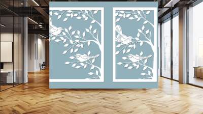 branch birches. Linden. Bird on the cherry branch. Graphic vector decorative elements. Template suitable for laser cutting. Template for plotter and screen printing. serigraphy Wall mural