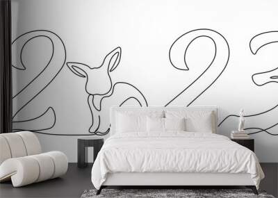 Continuous drawing with one line of the rabbit symbol of 2023. Fluffy rabbit silhouette with ears in a simple linear style for a winter greeting card and a web banner. Vector illustration of doodles Wall mural