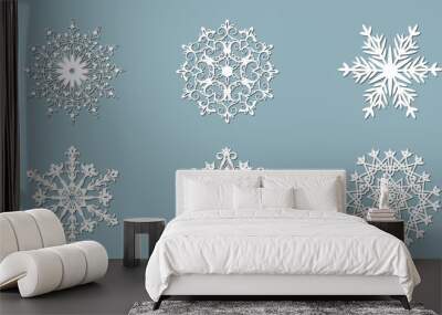 Set of snowflakes. Laser cut pattern for christmas paper cards, design elements, scrapbooking. Vector illustration. Wall mural