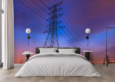 Electricity tower silhouette and sky landscape at dusk Wall mural