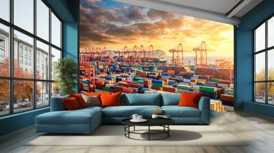 The busy container port and natural scenery in Shanghai, China Wall mural