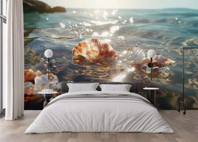 The pearls in the mussel shells on the sea floor glow softly,AI generated. Wall mural