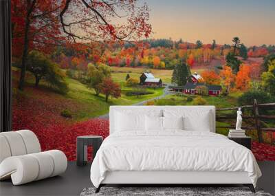 Autumn in Vermont, New England, USA, farm. The autumn color of the trees and flora in New England has been reported to be some of the most brilliant natural color in the United States Wall mural