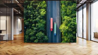 Aerial view of cars driving on a highway road in a green forest, from a top down perspective. A truck is moving along the asphalt through thick trees, in a flat lay composition with copy space. Wall mural