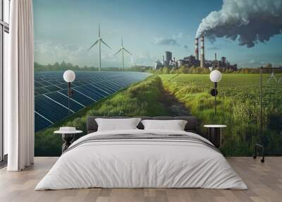 Clean Energy vs. Polluting Industry: Solar Panels and Wind Turbines Confronting a Smoking Power Plant – Climate Change and Environmental Contrast Wall mural