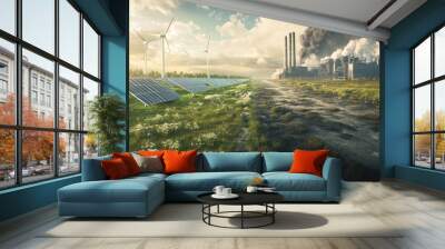 Clean Energy vs. Polluting Industry: Solar Panels and Wind Turbines Confronting a Smoking Power Plant – Climate Change and Environmental Contrast Wall mural