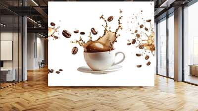 Set of A cup of coffee splashing with some beans flying out. Isolated on transparent background. Wall mural