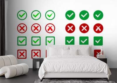 big set of green check marks and red crosses mark. circle and square. symbols of acceptance, rejection and attention. Wall mural