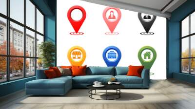 colorful location pin with home house building office person market store icon. vector illustration isolated on white background. Wall mural