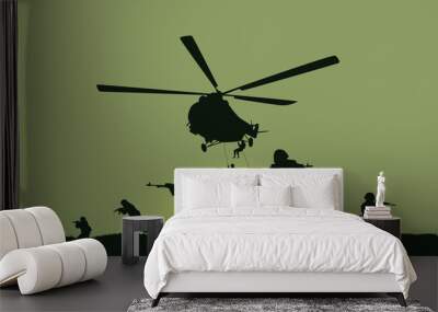 Illustration, the soldiers going to attack and helicopters. Wall mural