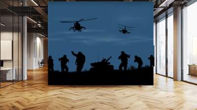 Illustration, the soldiers going to attack and helicopters. Wall mural