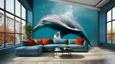 Hyper-realistic 3d rendered illustration of sea surface where happy dolphin swim Wall mural