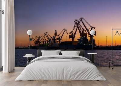 Gantry crane and cargo ship in the evening Wall mural