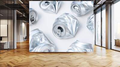 Crushed aluminum cans on white background. Recycling and waste management concepts. Wall mural